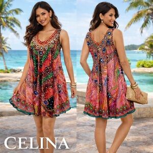 Celina Beaded Tunic Dress Boho Resort Cruise Embellished Rhinestone Caftan OS